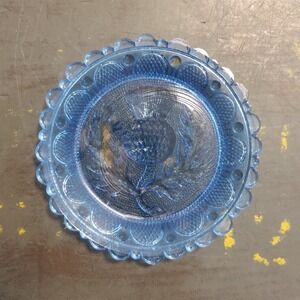 Vintage Blue Pressed Glass Trinket Cup Plate Scottish Thistle Scallop Edge 3.5"
